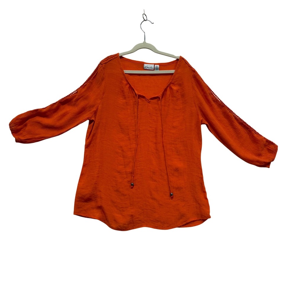 Boho Kim Rogers Petite M Neon Orange Peasant Blouse Crochet Detail Light Weight
